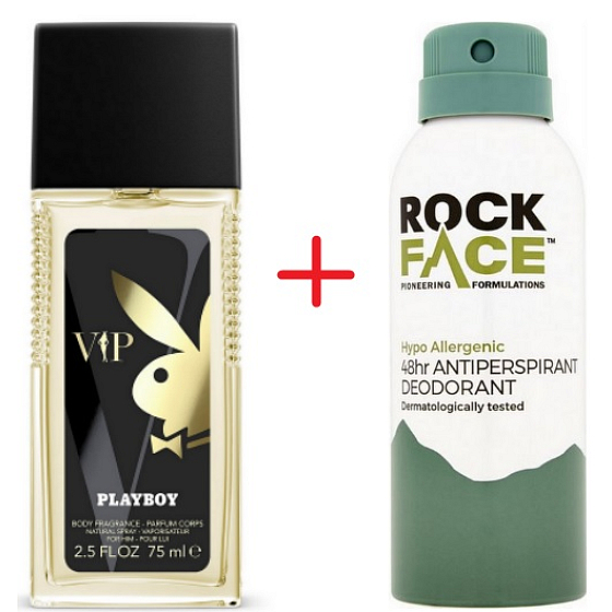 Playboy VIP parfémovaný deodorant sklo pro muže 75 ml + RockFace Protection 48h antiperspirant deodorant sprej pro muže 150 ml, duopack