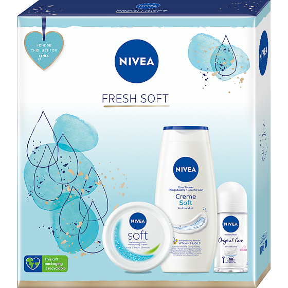 Nivea Fresh Soft Creme krém svěží hydratační krém pro celé tělo 100 ml + Creme Soft krémový sprchový gel 250 ml + Original Care kuličkový antiperspirant 50 ml, kosmetická sada pro ženy