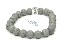 Láva světle šedá s královskou mantrou Óm, náramek elastický přírodní kámen, kulička 8 mm / 16 - 17 cm, zrozen ze čtyř živlů