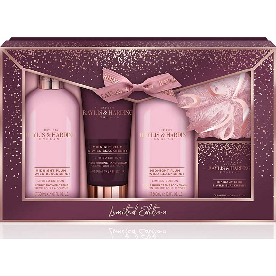 Baylis & Harding Půlnoční švestka a Divoká ostružina mycí gel 300 ml + sprchový krém 300 ml + toaletní mýdlo 150 g + krém na ruce 130 ml + žínka, kosmetická sada