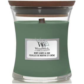 WoodWick Mint Leaves & Oak - Świeca zapachowa z miętowymi liśćmi i dębowym knotem w małym szklanym naczyniu 85 g