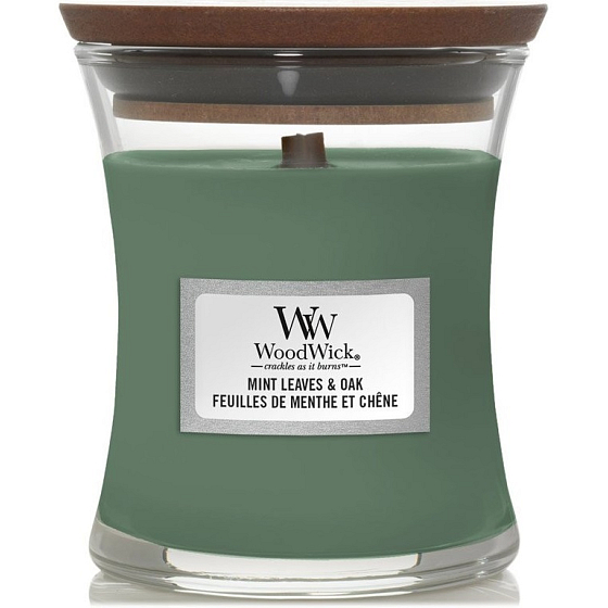 WoodWick Mint Leaves & Oak - Świeca zapachowa z miętowymi liśćmi i dębowym knotem w małym szklanym naczyniu 85 g