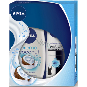 Nivea Coconut Sensation krémový sprchový gel 250 ml + Invisible Black & White Pure antiperspirant deodorant sprej 150 ml, pro ženy kosmetická sada Nivea Coconut Sensation krémový sprchový gel 250 ml + Invisible Black & White Pure antiperspirant deodorant sprej 150 ml, pro ženy kosmetická sada