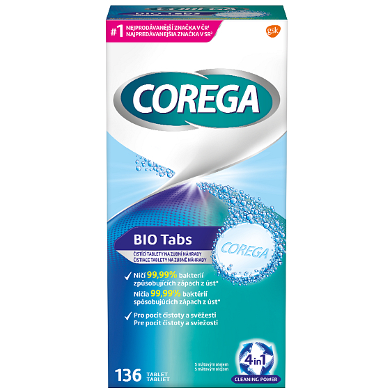 Corega Tabs Antibakteriální 3min čisticí tablety na zubní náhrady protézy 136 kusů