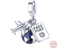 Zawieszka ze srebra próby 925 Podróż dookoła świata, kula ziemska, paszport, samolot, 3w1 charms do bransoletki podróżniczej