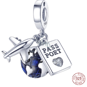 Zawieszka ze srebra próby 925 Podróż dookoła świata, kula ziemska, paszport, samolot, 3w1 charms do bransoletki podróżniczej
