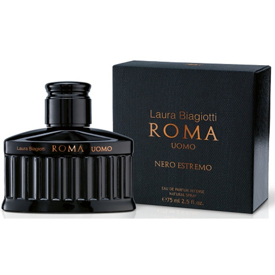  Laura Biagiotti Roma Uomo Nero Estremo Intense parfémovaná voda pro muže, 75 ml, s intenzivní, dřevitou a kořeněnou vůní pro sebevědomého muže