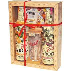 Kitl Syrob Bio Malina s dužinou sirup 500 ml + Pomeranč s dužinou sirup 500 ml + sklenička 200 ml, dárkové balení Kitl Syrob Bio Malina s dužinou sirup 500 ml + Pomeranč s dužinou sirup 500 ml + sklenička 200 ml, dárkové balení
