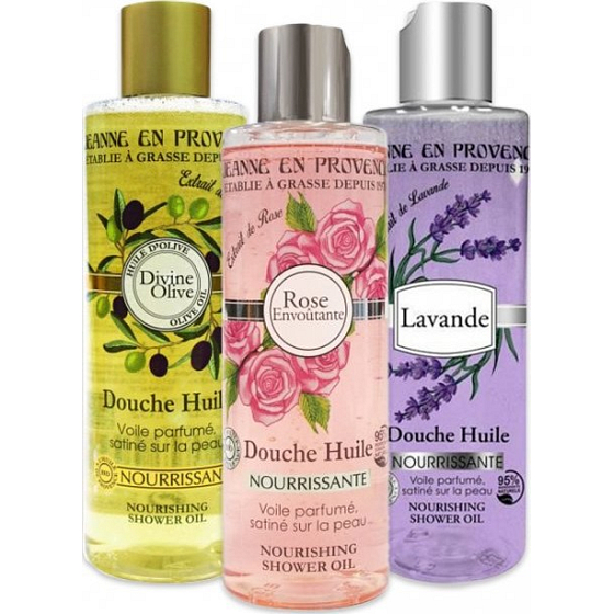 Jeanne en Provence Oliva výživný sprchový olej 250 ml + Podmanivá růže výživný sprchový olej 250 ml + Levandule výživný sprchový olej 250 ml, kosmetická sada pro ženy