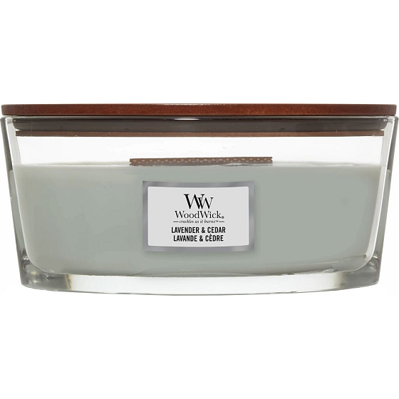 WoodWick Lavender & Cedar - Levandule a cedr vonná svíčka s dřevěným širokým knotem a víčkem sklo loď 453 g