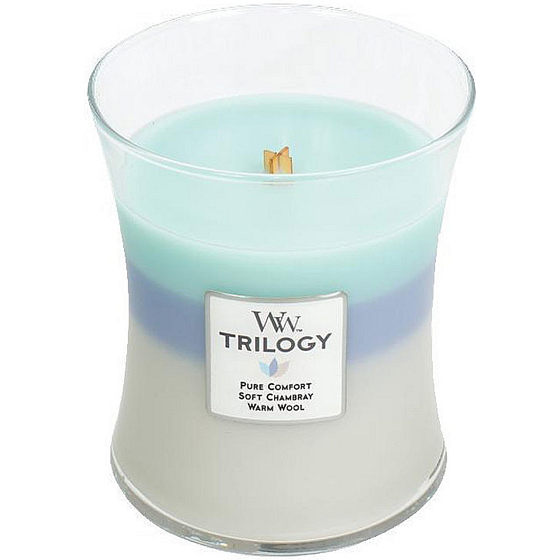 WoodWick Trilogy Woven Comforts - Hřejivé pohodlí vonná svíčka s dřevěným knotem a víčkem sklo střední 275 g