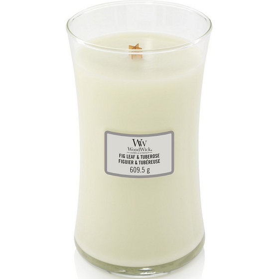 WoodWick Fig Leaf & Tuberose - Fíkové lístky a tuberóza vonná svíčka s dřevěným knotem a víčkem sklo velká 609 g