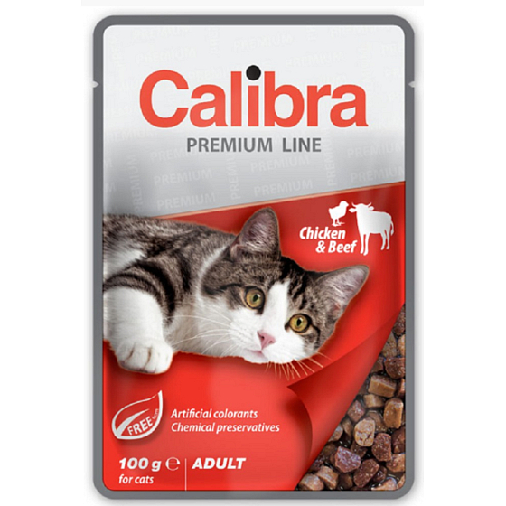 Calibra Premium Kuře a hovězí v omáčce kompletní krmivo pro dospělé kočky kapsa 100 g