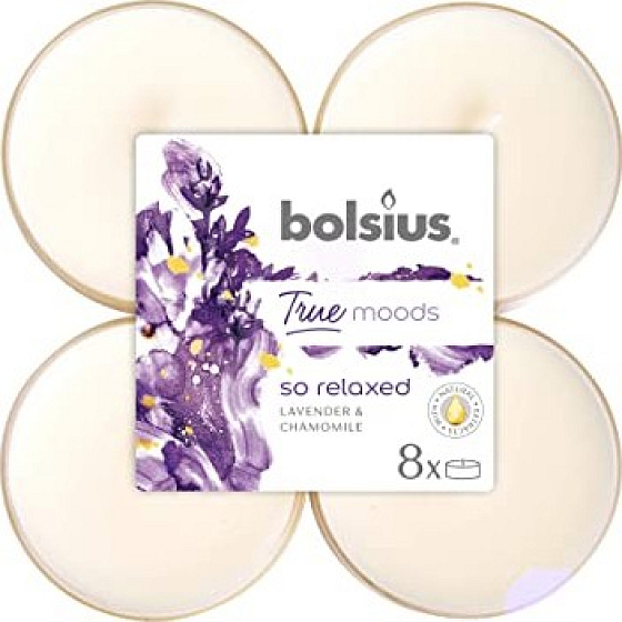 Bolsius True Moods So Relaxed Lavender & Chamomile - Levandule a heřmánek maxi vonné čajové svíčky 8 kusů, doba hoření 8 hodin