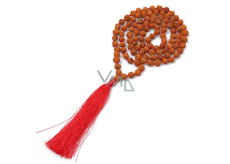 108 Mala Rudraksha meditační šperk, vázaný přírodní náhrdelník, ruční výroba, korálek 8 mm, střapec 8 cm, červený