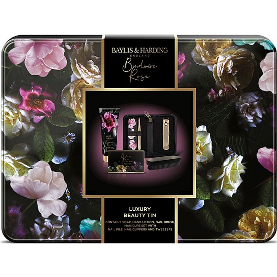 Baylis & Harding Boudoire Rose mléko na ruce 100 ml + mýdlo 100 g + manikúrní sada + kartáček na nehty, kosmetická sada pro ženy