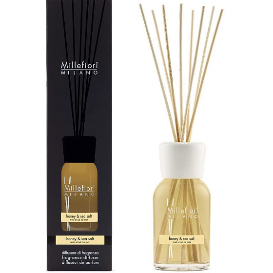 Millefiori Milano Natural Honey & Sea Salt - Miód i sól morska Dyfuzor 250 ml + 8 patyczków o długości 30 cm do średnich pomieszczeń utrzymuje się minimum 3 miesiące
