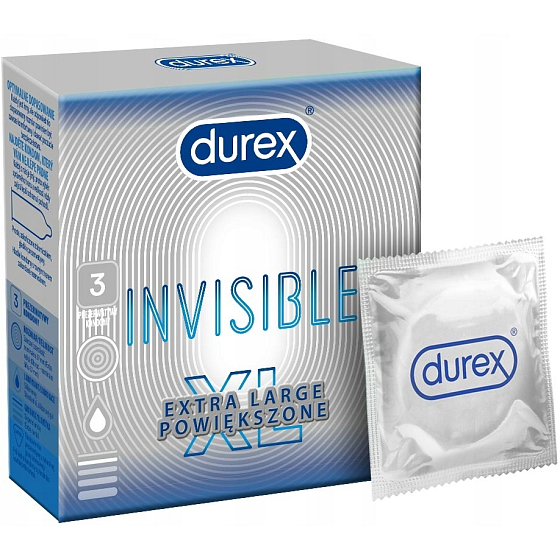 Durex Invisible XL Extra Large extra cienki kondom, extra duży, dla maksymalnej wrażliwości, nominalna szerokość: 57 mm 3 sztuki