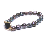 Perla říční černá s ozdobou náramek elastický přírodní, 7 - 8 mm / 16 - 17 cm, symbol ženskosti, přináší obdiv