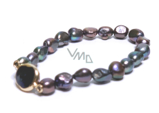 Perla říční černá s ozdobou náramek elastický přírodní, 7 - 8 mm / 16 - 17 cm, symbol ženskosti, přináší obdiv