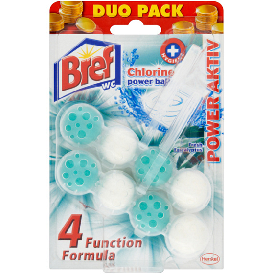 Bref Power Aktiv 4 Formula Chlorine Fresh Eucalyptus WC blok pro hygienickou čistotu a svěžest Vaší toalety, zbarvuje vodu 2x50 g, duopack