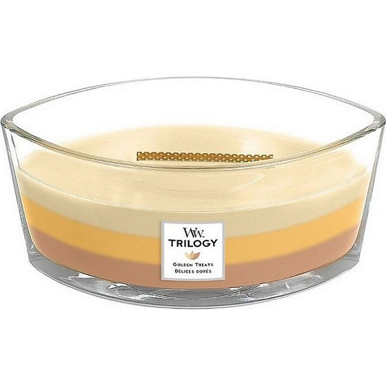 WoodWick Trilogy Golden Treats - Zlaté lahůdky vonná svíčka s dřevěným širokým knotem a víčkem loď 453 g