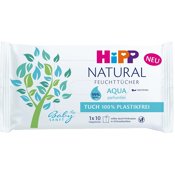 HiPP Babysanft Natural Aqua nawilżane chusteczki bez plastiku dla dzieci 10 sztuk