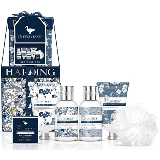 Baylis & Harding Cotswold květiny mycí gel 100 ml + sprchový krém 100 ml + tělové mléko 50 ml + krém na ruce 50 ml + krystaly do koupele 25 g + mycí houba, kosmetická sada pro ženy