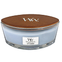 WoodWick Soft Chambray - Čisté prádlo vonná svíčka s dřevěným širokým knotem a víčkem sklo loď 453 g