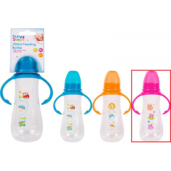 First Steps Feeding Bottle 0+ butelka dla niemowląt czarna z uchwytami Sowa różowa 250 ml