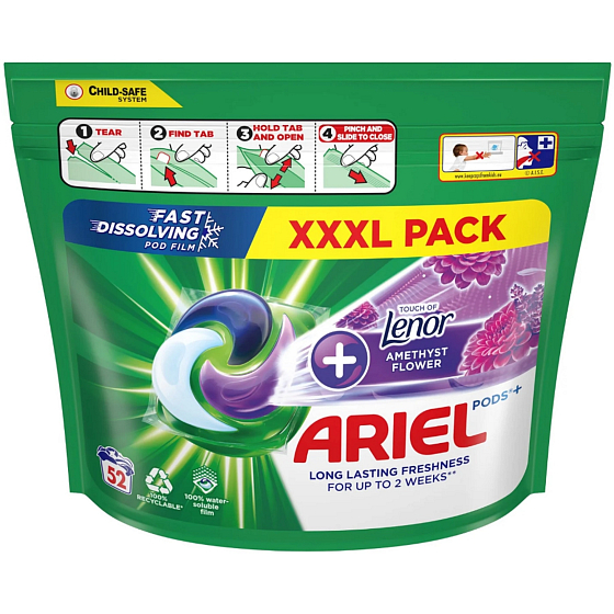 Ariel +Touch Of Lenor Ametyst Flower żelowe kapsułki do długotrwałej świeżości 52 sztuki