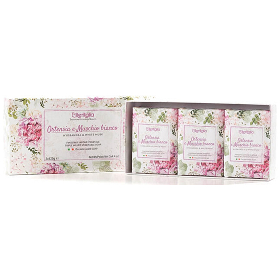 Iteritalia Hortensja i biały mech mydło toaletowe 3 x 125 g, perforowany zestaw