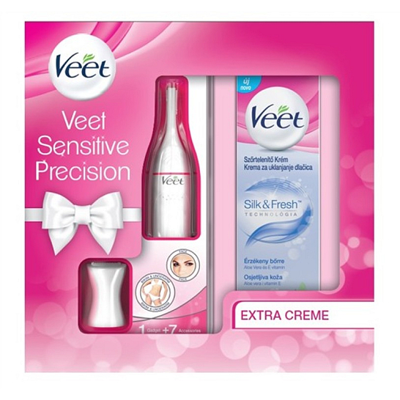 Veet Sensitive Precision elektrický zastřihovač + Silk & Fresh depilační krém pro citlivou pokožku 100 ml, kosmetická kazeta