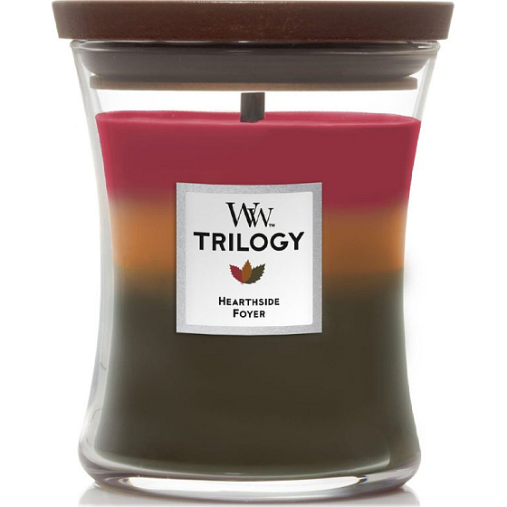 WoodWick Trilogy Hearthside Foyer - Posezení u krbu vonná svíčka s dřevěným knotem a víčkem sklo střední 275 g
