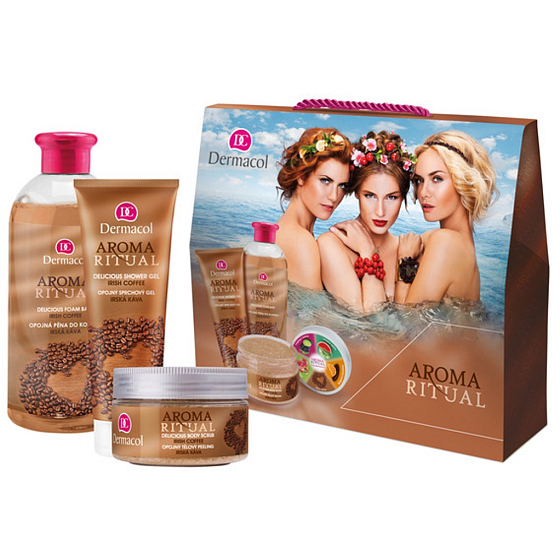 Dermacol Aroma Ritual Irská káva Opojný sprchový gel 250 ml + tělový peeling 200 ml + pěna do koupele 500 ml, kosmetická sada
