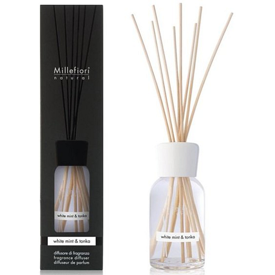 Millefiori Milano Natural White Mint & Tonka - Bílá máta a Tonkové boby Difuzér 100 ml + 7 stébel v délce 25 cm do menších prostor vydrží 5-6 týdnů