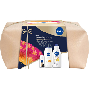 Nivea Firming Care Q10 zpevňující tělové mléko 400 ml + Apricot sprchový gel 250 ml + Black & White antiperspirant roll-on 50 ml + etue, kosmetická sada