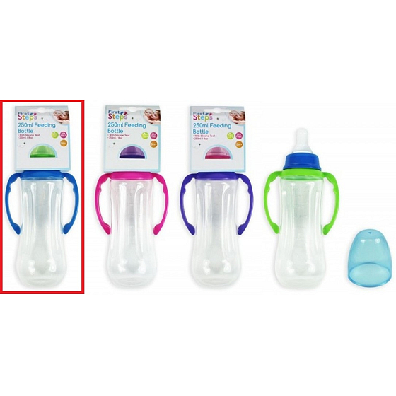 First Steps Feeding Bottle 0+ kojenecká lahev čirá s úchopy modré barvy 250 ml