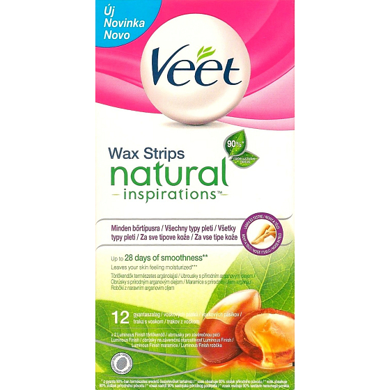 Veet Natural Studené depilační voskové pásky 12 kusů + ubrousky Luminous Finish 2 kusy
