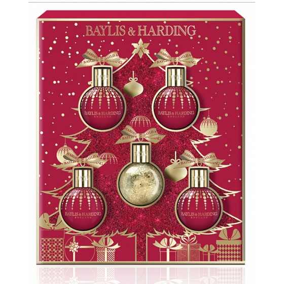 Baylis & Harding Fík a Granátové jablko tekuté tělové mýdlo 100 ml + sprchový gel 2 x 100 ml + mléko na tělo a ruce 2 x 100 ml, kosmetická sada ozdoby