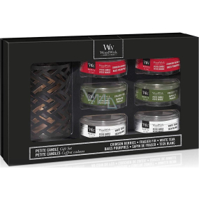WoodWick Deluxe Frasier Fir - Jedle + White Teak - Bílý teak + Crimson Berries - Jeřabiny s kořením vonná svíčka s dřevěným knotem petite 6 x 31 g + svícen, dárková sada