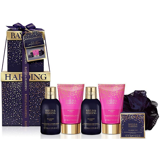 Baylis & Harding Moruše mycí gel 100 ml + sprchový krém 100 ml + tělové mléko 50 ml + krém na ruce 50 ml + sůl do koupele 25 g + mycí houba, kosmetická sada