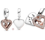 Charm Srebrna 925 Serce Lśniące pawie serce pozłacane w kolorze Rose 2w1, zawieszka na bransoletkę miłość