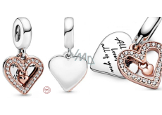 Charm Srebrna 925 Serce Lśniące pawie serce pozłacane w kolorze Rose 2w1, zawieszka na bransoletkę miłość