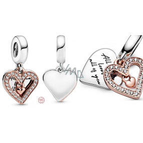 Charm Srebrna 925 Serce Lśniące pawie serce pozłacane w kolorze Rose 2w1, zawieszka na bransoletkę miłość