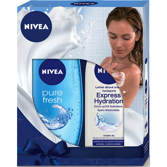 Nivea Express Hydration lehké tělové mléko pro normální až suchou pokožku 250 ml + Pure Fresh sprchový gel 250 ml, pro ženy kosmetická sada