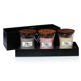 WoodWick Coastal Sunset + Vanilla Bean + Fireside vánoční dárková sada svíček s dřevěným knotem a víčkem sklo malá 3 x 85 g WoodWick Coastal Sunset + Vanilla Bean + Fireside vánoční dárková sada svíček s dřevěným knotem a víčkem sklo malá 3 x 85 g