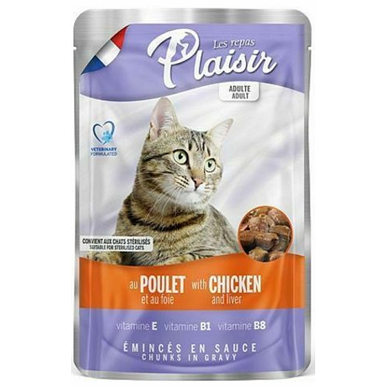 Plaisir Cat s kuřecím a játry kompletní krmivo pro kočky kapsička 100 g