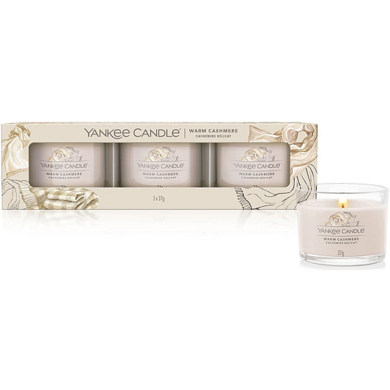 Yankee Candle Warm Cashmere - Hřejivý kašmír vonná svíčka votivní ve skle 3 x 37 g, dárková sada