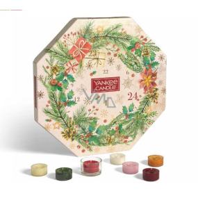 Yankee Candle Adventní kalendář Věnec čajová svíčka 24 kusů + svícen skleněný 1 kus, vánoční dárková sada Yankee Candle Adventní kalendář Věnec čajová svíčka 24 kusů + svícen skleněný 1 kus, vánoční dárková sada